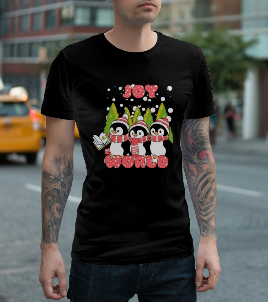 Joy World Penguins Singing With Trees And Snowflakes T-Shirt