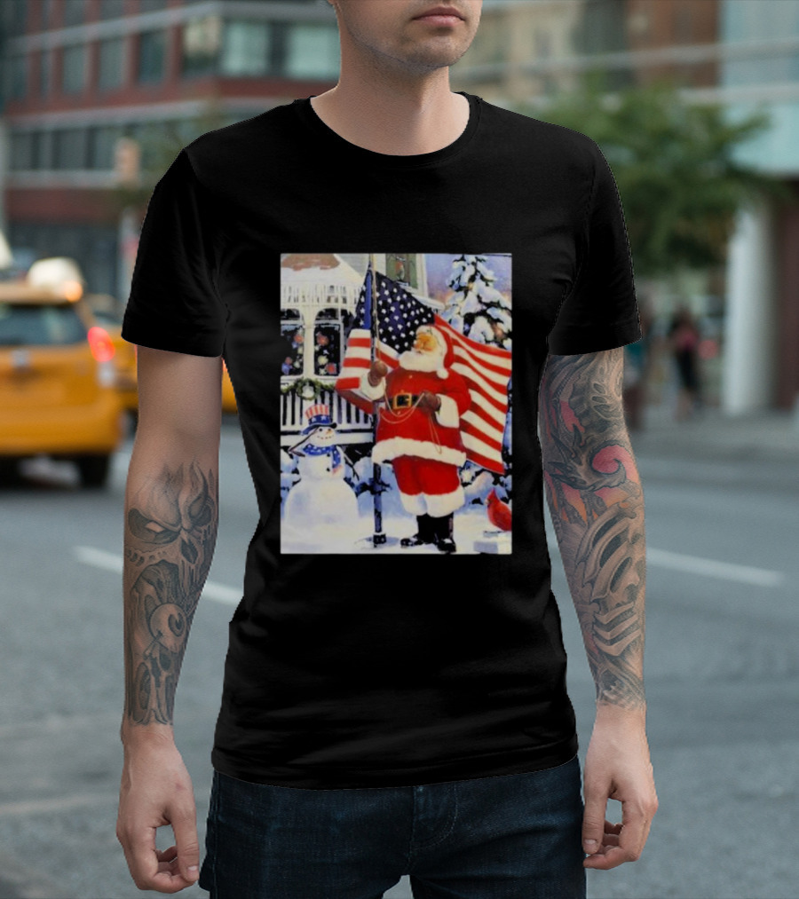 Santa Claus And Snowman With American Flag In Winter Scene T-Shirt