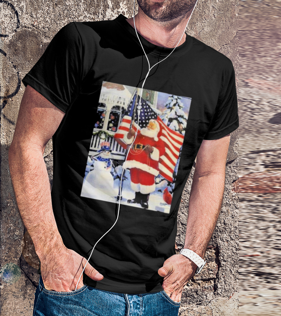 Santa Claus And Snowman With American Flag In Winter Scene T-Shirt