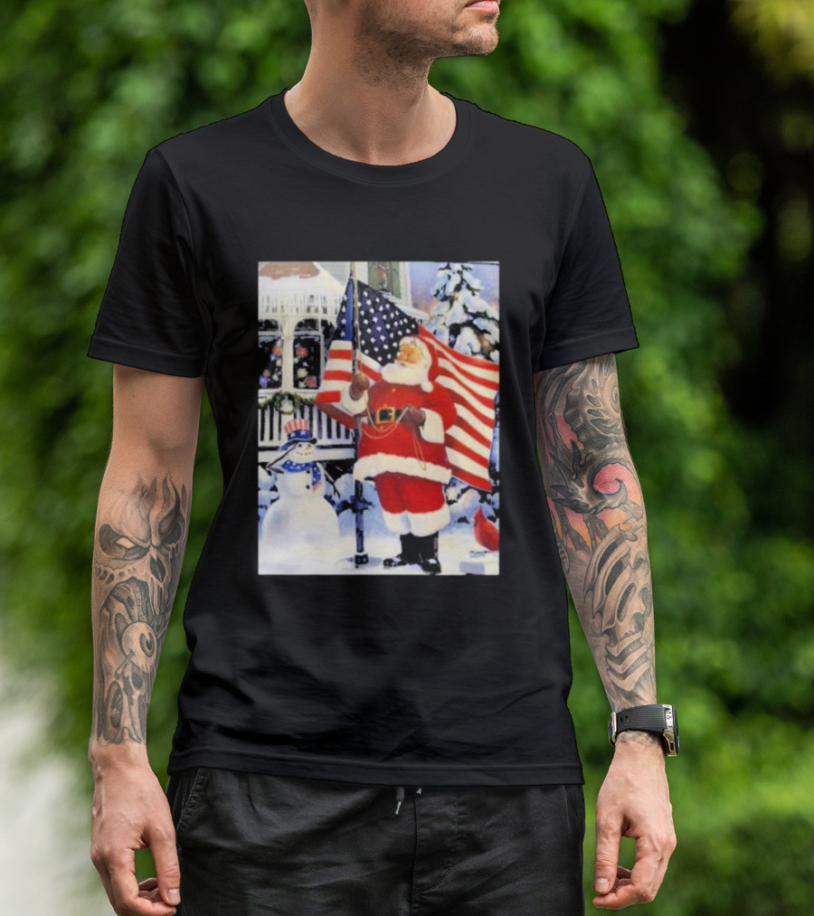 Santa Claus And Snowman With American Flag In Winter Scene T-Shirt