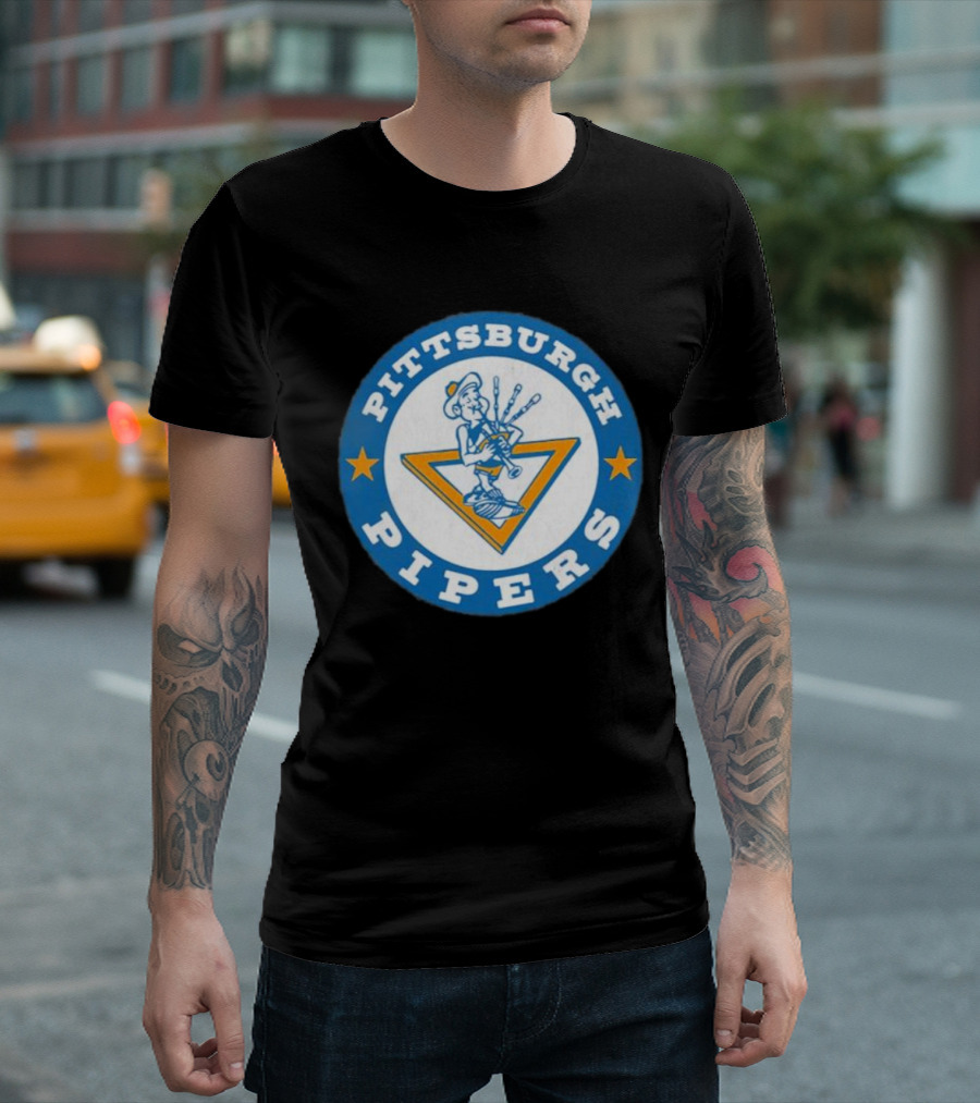 Pittsburgh Pipers Basketball Team Classic Logo with Bagpiper and Star Emblems T-Shirt