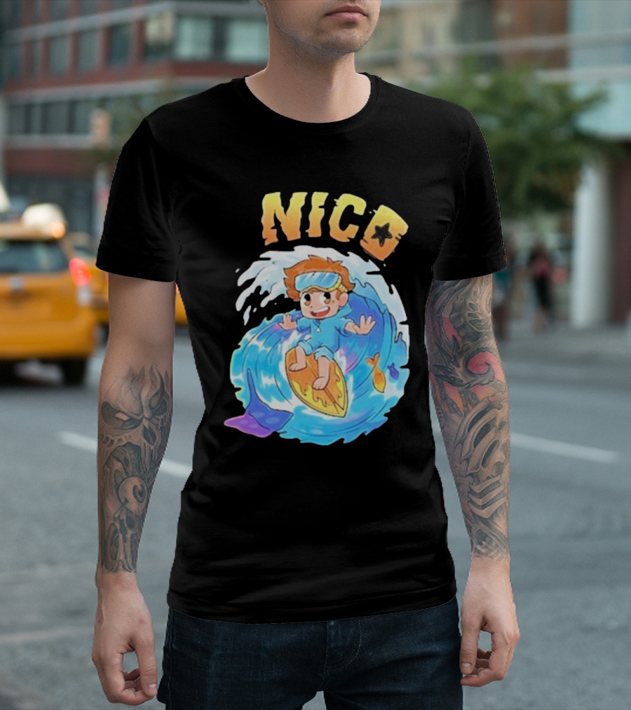 Nico Surfing in Ocean Wave Art with Cash and Nico Nico Starfish T-Shirt