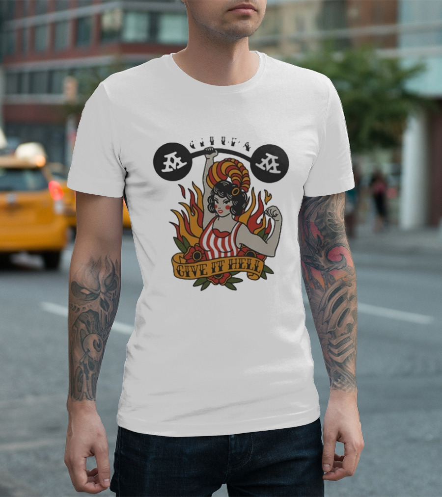 Get Up Give It Hell Retro Strongwoman Flames Barber Pole Haircurl Stripes Roses Boxing Gym Vintage T-Shirt