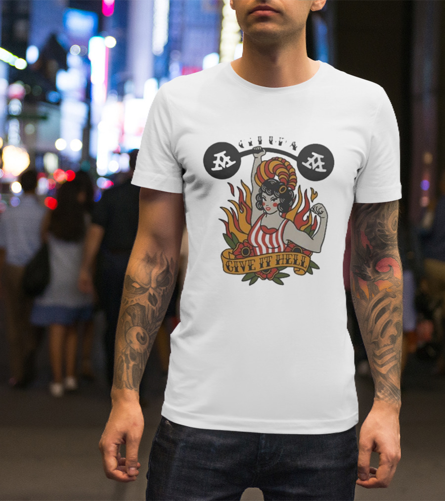 Get Up Give It Hell Retro Strongwoman Flames Barber Pole Haircurl Stripes Roses Boxing Gym Vintage T-Shirt