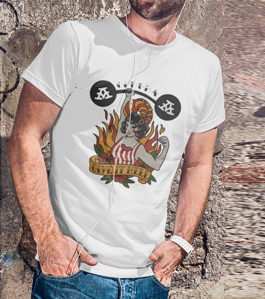 Get Up Give It Hell Retro Strongwoman Flames Barber Pole Haircurl Stripes Roses Boxing Gym Vintage T-Shirt
