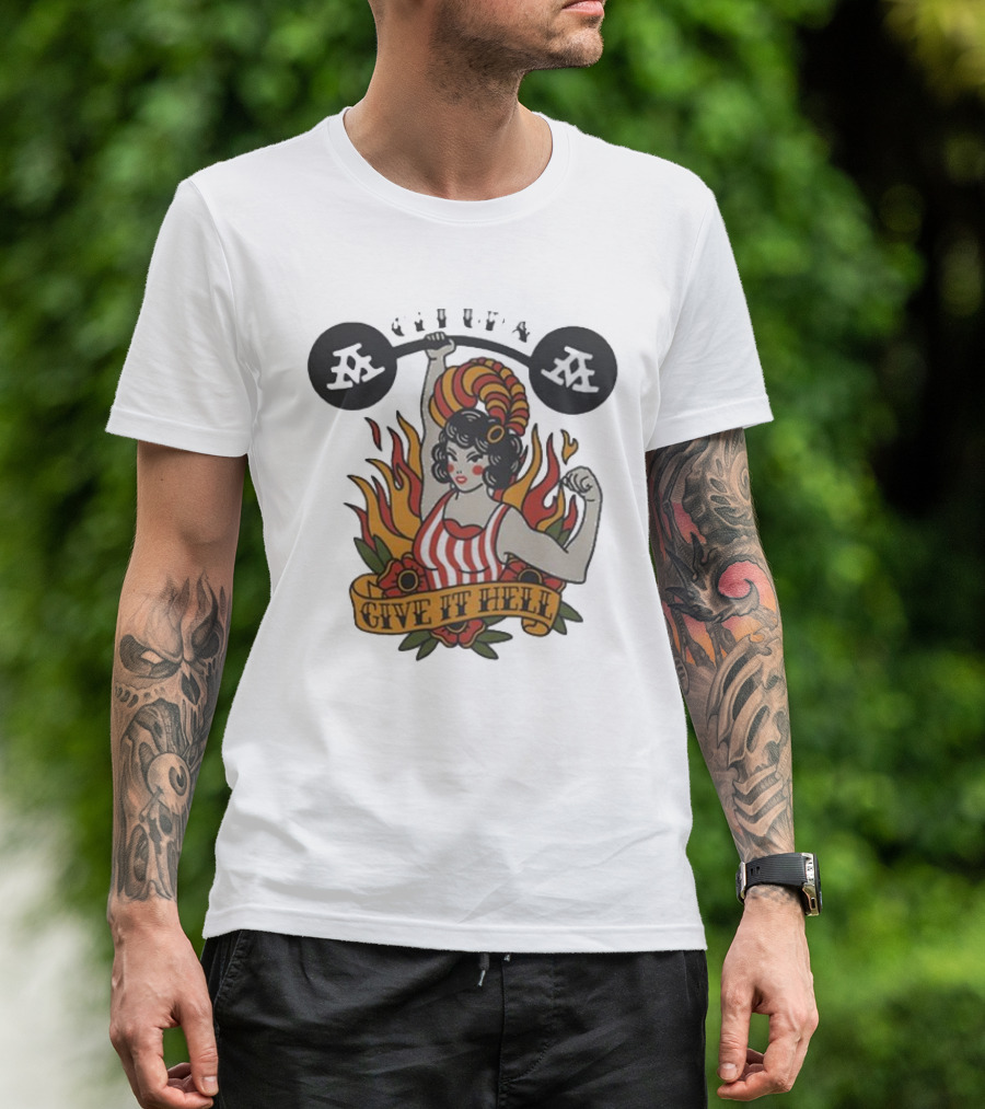 Get Up Give It Hell Retro Strongwoman Flames Barber Pole Haircurl Stripes Roses Boxing Gym Vintage T-Shirt