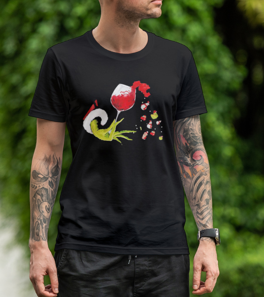 Grinch Hand Christmas Wine Glass Festive Holiday T-Shirt