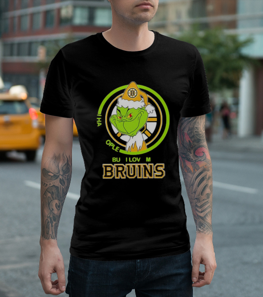 The Grinch Santa Boston Bruins I Hate People But Love My Hockey Team T-Shirt