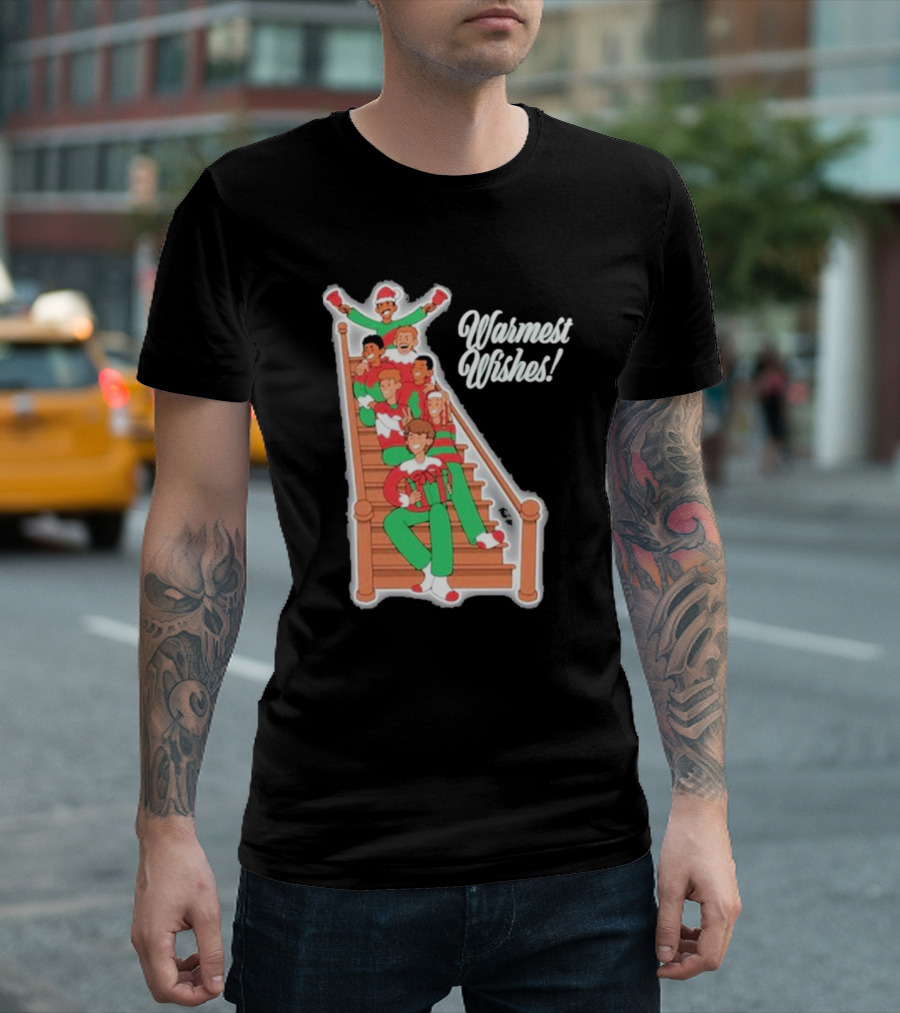 Warmest Wishes Holiday Family on Stairs in Festive Pajamas T-Shirt
