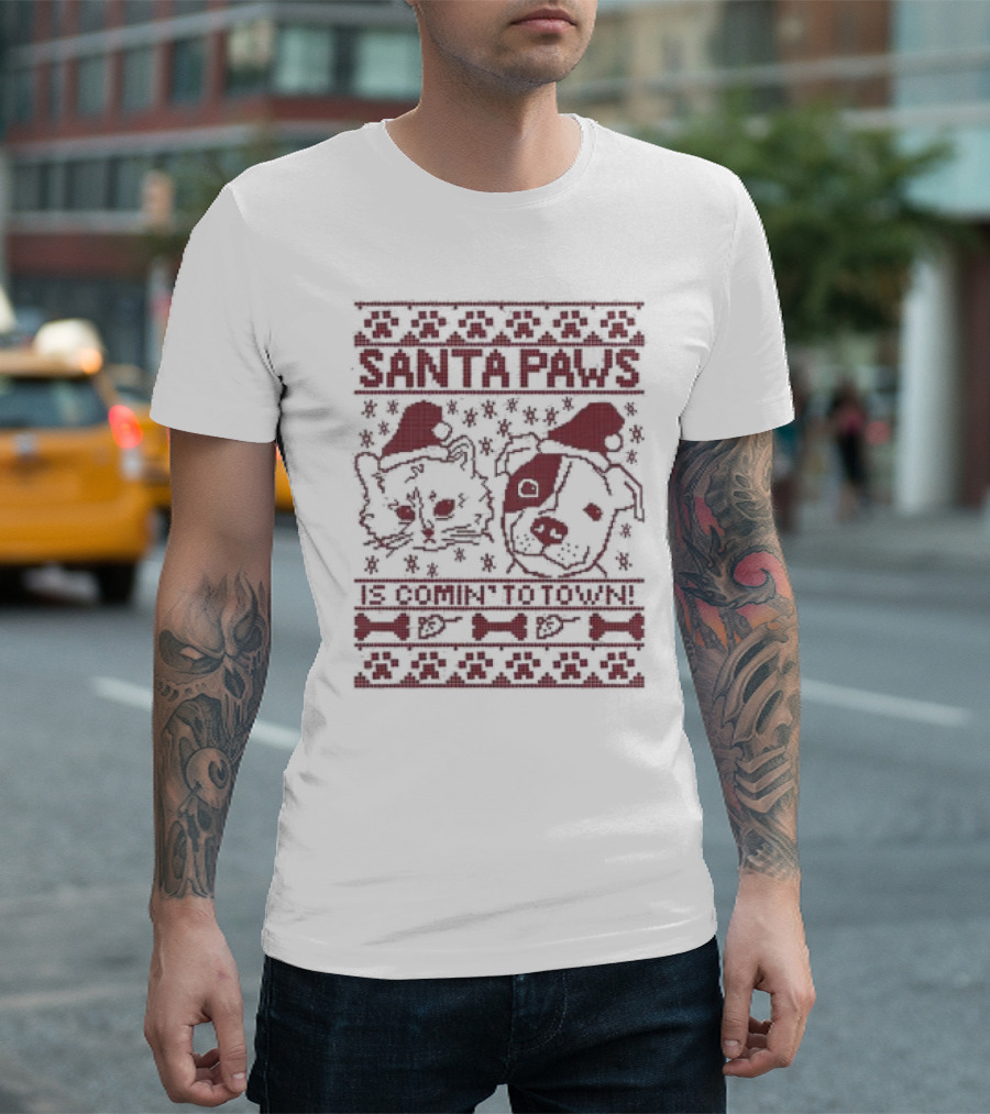 Santa Paws Cat and Dog Christmas Sweater Is Comin' to Town T-Shirt