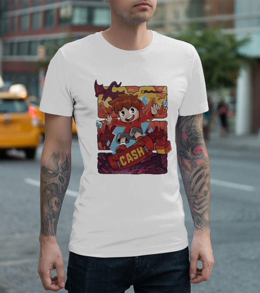 Cash Red Hot Skateboarder Adventure with Dragon and Gems T-Shirt