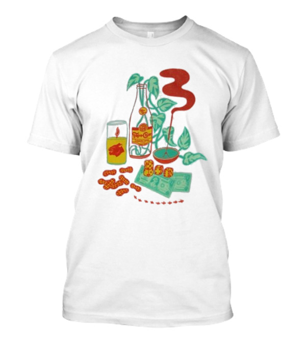 Quarenscene Natural Topo Chico Bottle With Dice, Peanuts, Dollar Bills, Glass, And Smoking Pipe Scene T-Shirt