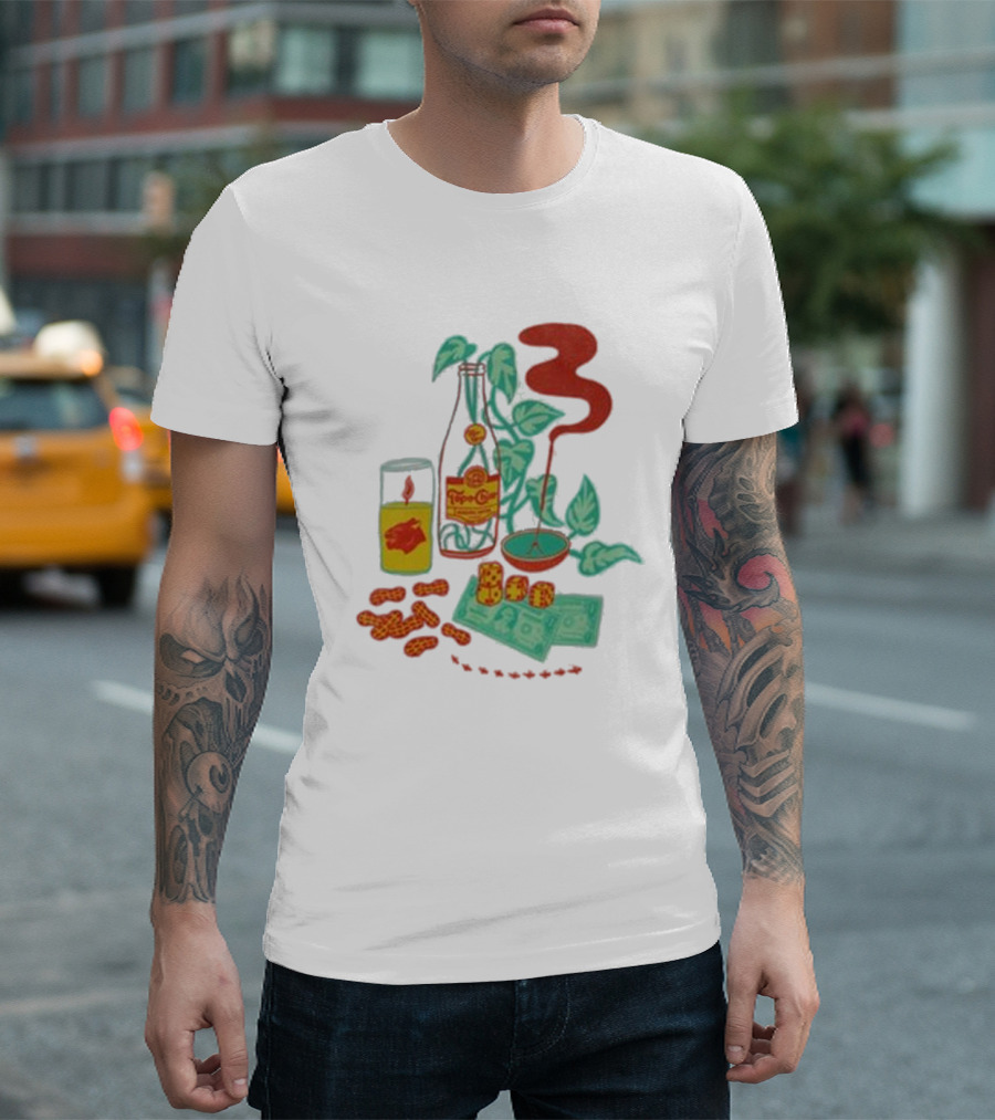 Quarenscene Natural Topo Chico Bottle with Dice, Peanuts, Dollar Bills, Glass, and Smoking Pipe Scene T-Shirt