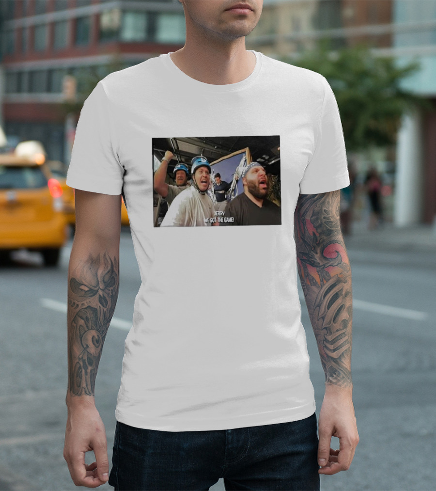 Jerry We Got The Game Helmet Enthusiasts Excitedly Celebrating with Arms Raised T-Shirt