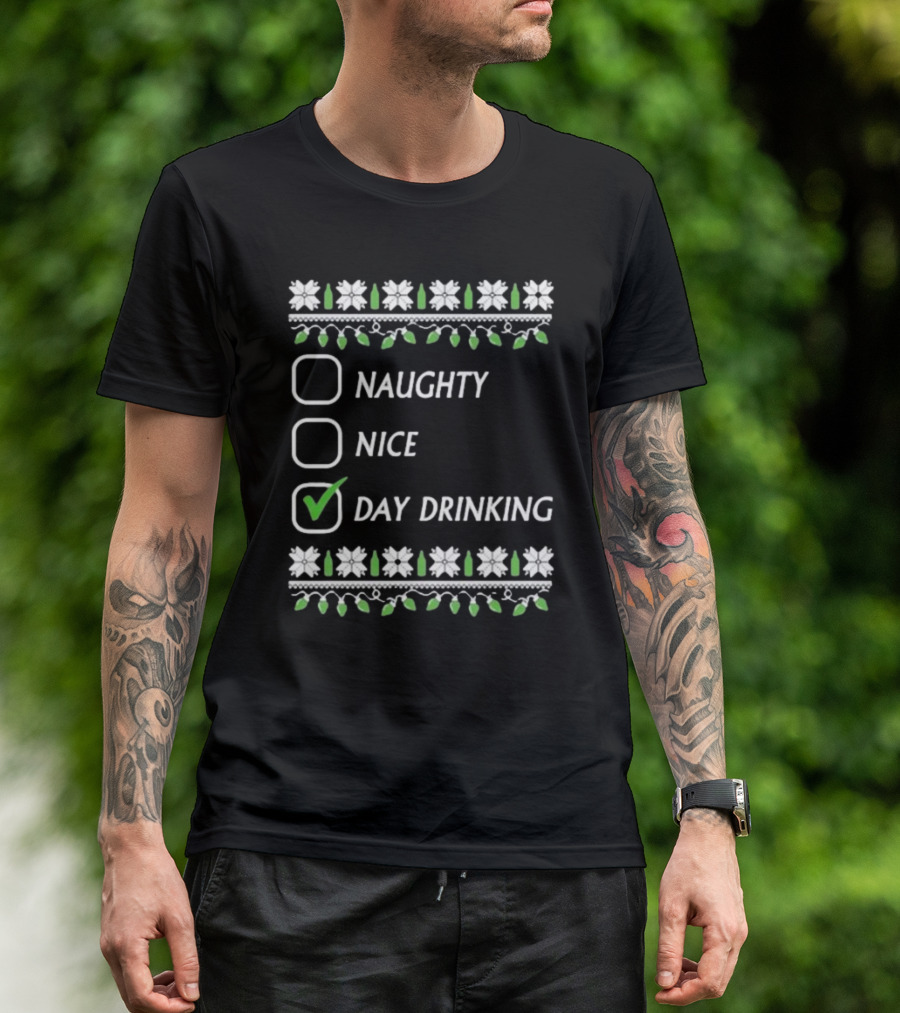 Naughty Nice Day Drinking Christmas Floral Checklist T-Shirt