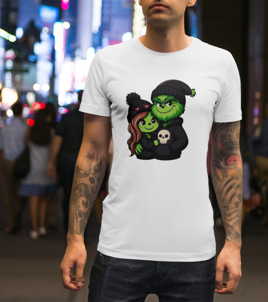 Cute Grinch And Girlfriend In Black Beanies With Skull Hoodie And Heart Details T-Shirt