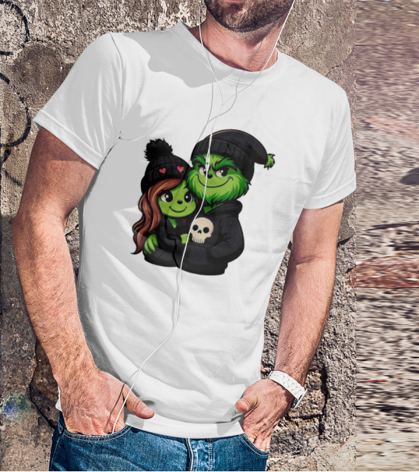 Cute Grinch And Girlfriend In Black Beanies With Skull Hoodie And Heart Details T-Shirt