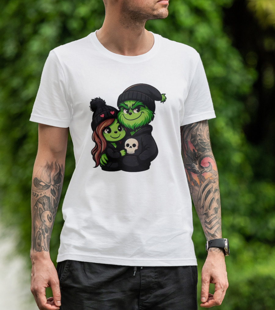 Cute Grinch And Girlfriend In Black Beanies With Skull Hoodie And Heart Details T-Shirt