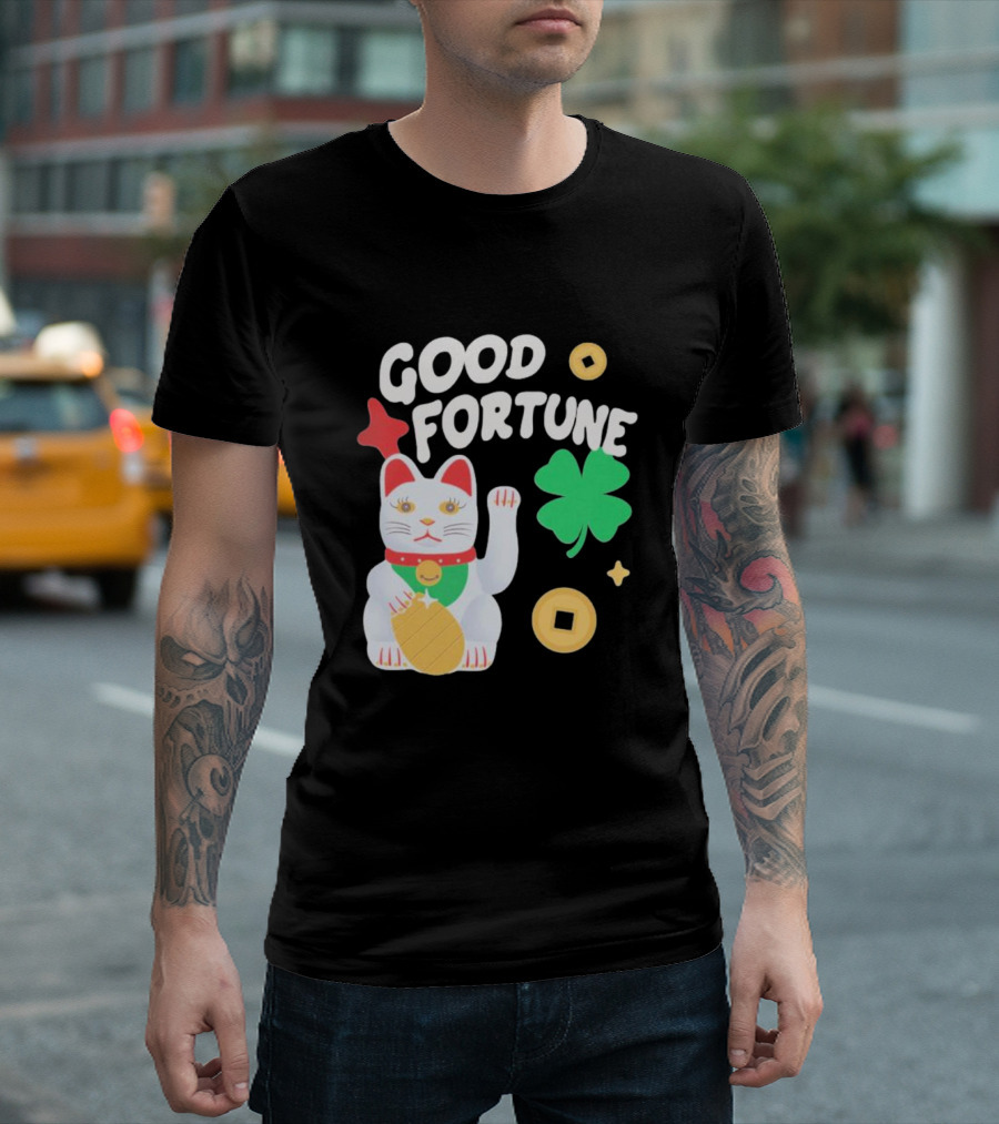 Good Fortune Cat with Clover and Coins T-Shirt