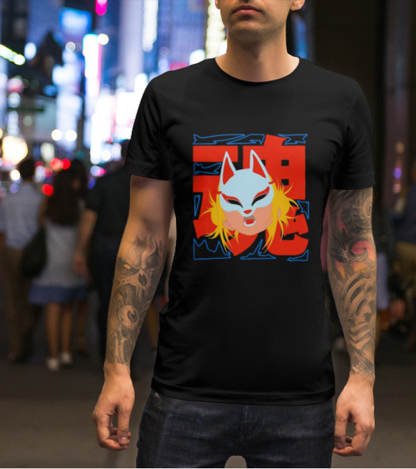 Kitsune Catori Mask With Red Kanji And Blond Hair T-Shirt