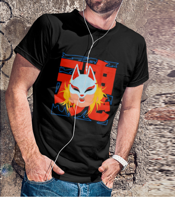 Kitsune Catori Mask With Red Kanji And Blond Hair T-Shirt