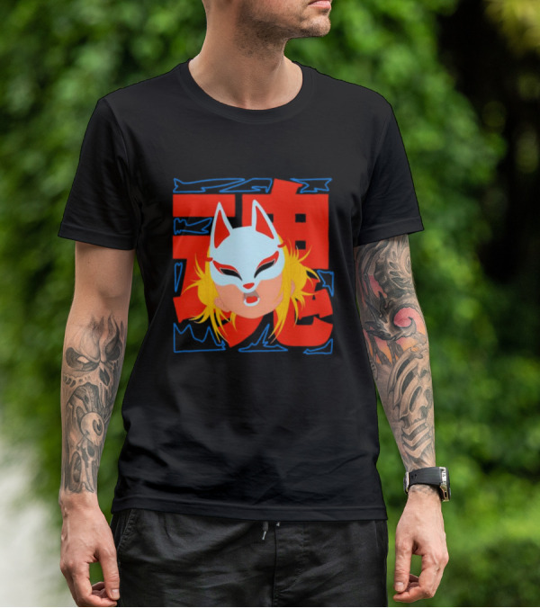 Kitsune Catori Mask With Red Kanji And Blond Hair T-Shirt