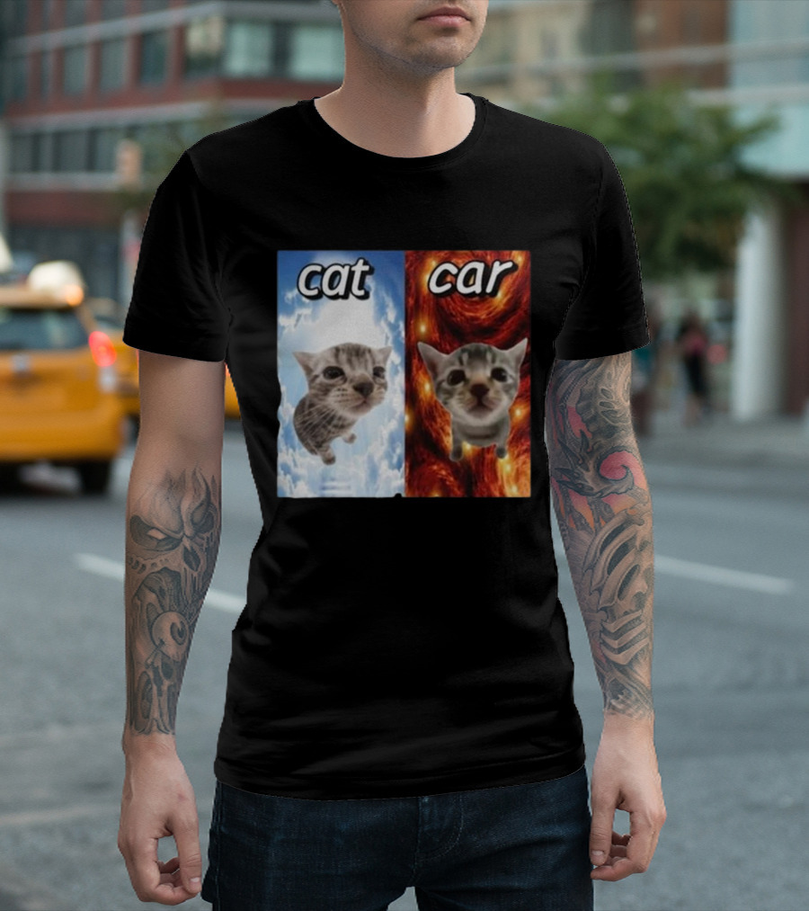 Cat Car Cringey Showdown in Cosmic Clouds and Fiery Vortex T-Shirt