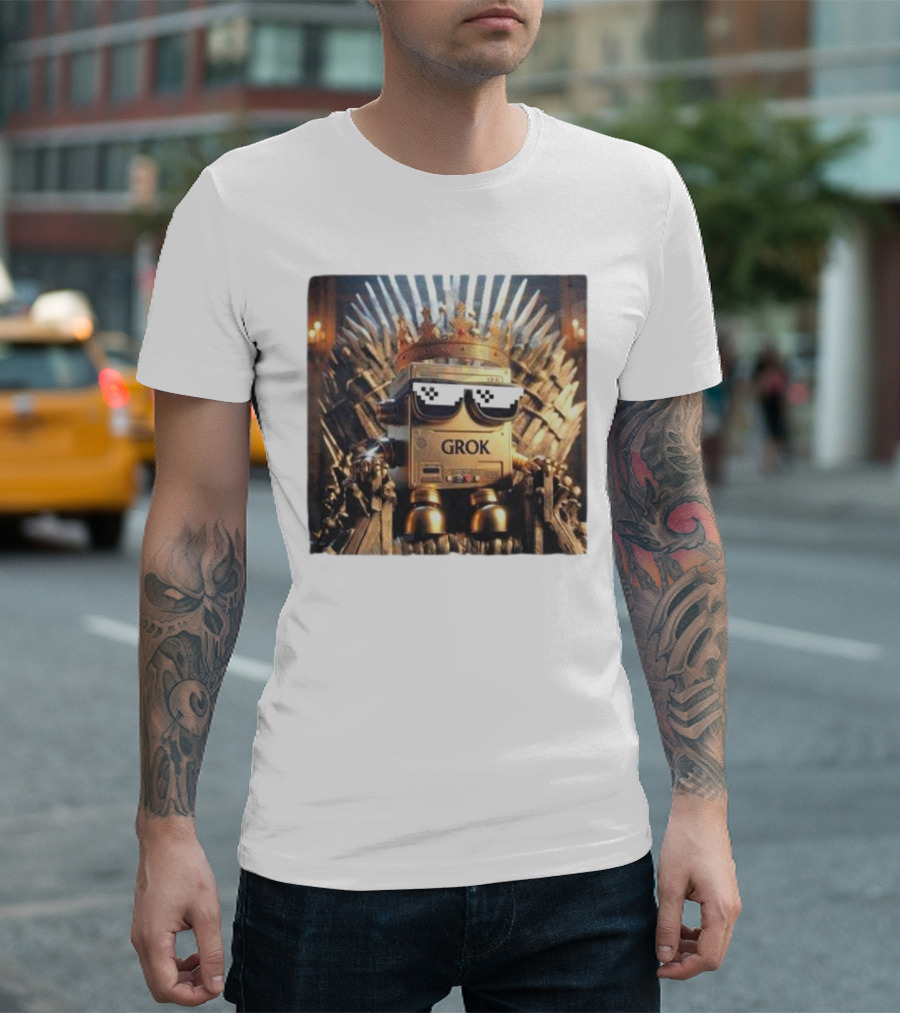 Grok Robot King on Iron Throne with Sunglasses T-Shirt