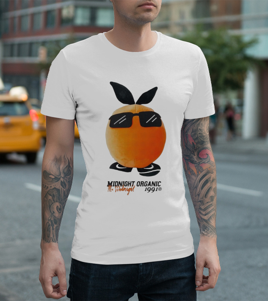 Midnight Organic Mr. Midnight 1991 Orange Character with Sunglasses T-Shirt