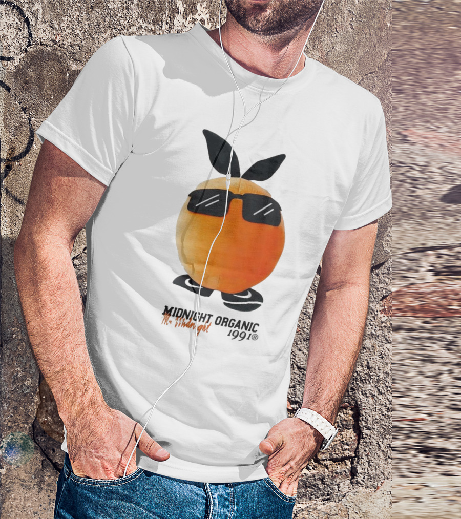 Midnight Organic Mr. Midnight 1991 Orange Character With Sunglasses T-Shirt