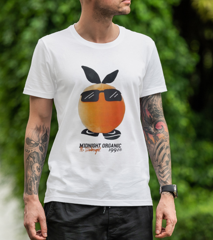Midnight Organic Mr. Midnight 1991 Orange Character With Sunglasses T-Shirt