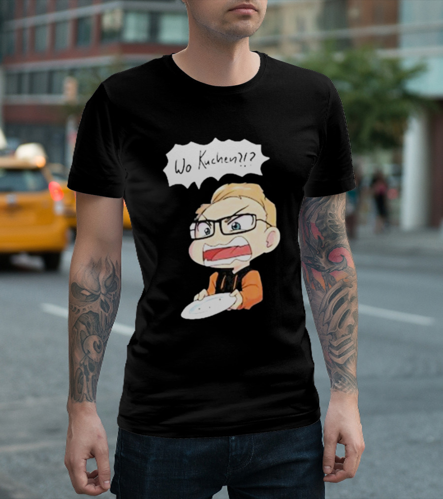 Wo Kuchen?? Cartoon Character With Glasses And Empty Plate T-Shirt