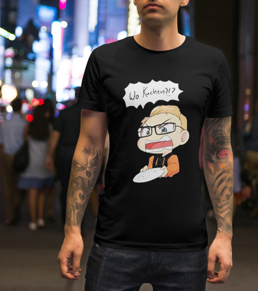 Wo Kuchen?? Cartoon Character With Glasses And Empty Plate T-Shirt