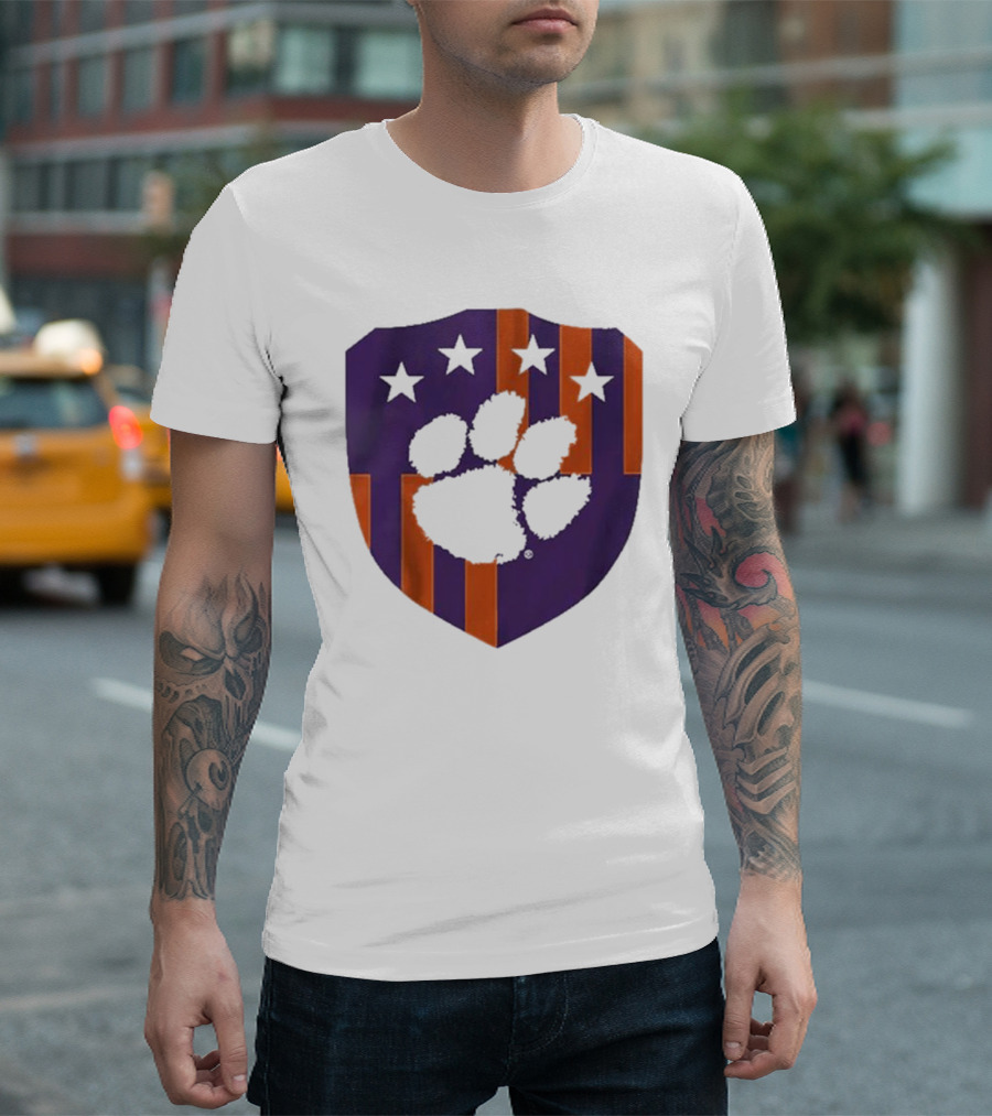 Clemson United Paw Print Shield With Four Stars Orange And Purple T-Shirt