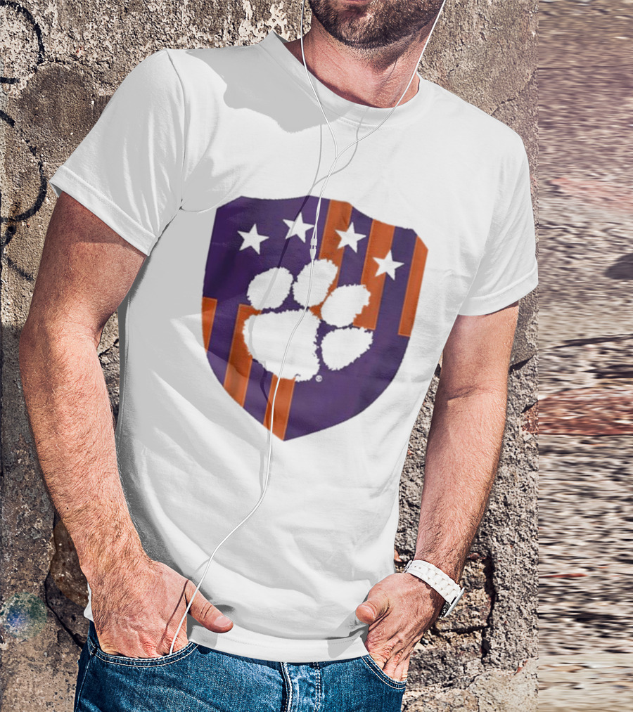 Clemson United Paw Print Shield With Four Stars Orange And Purple T-Shirt