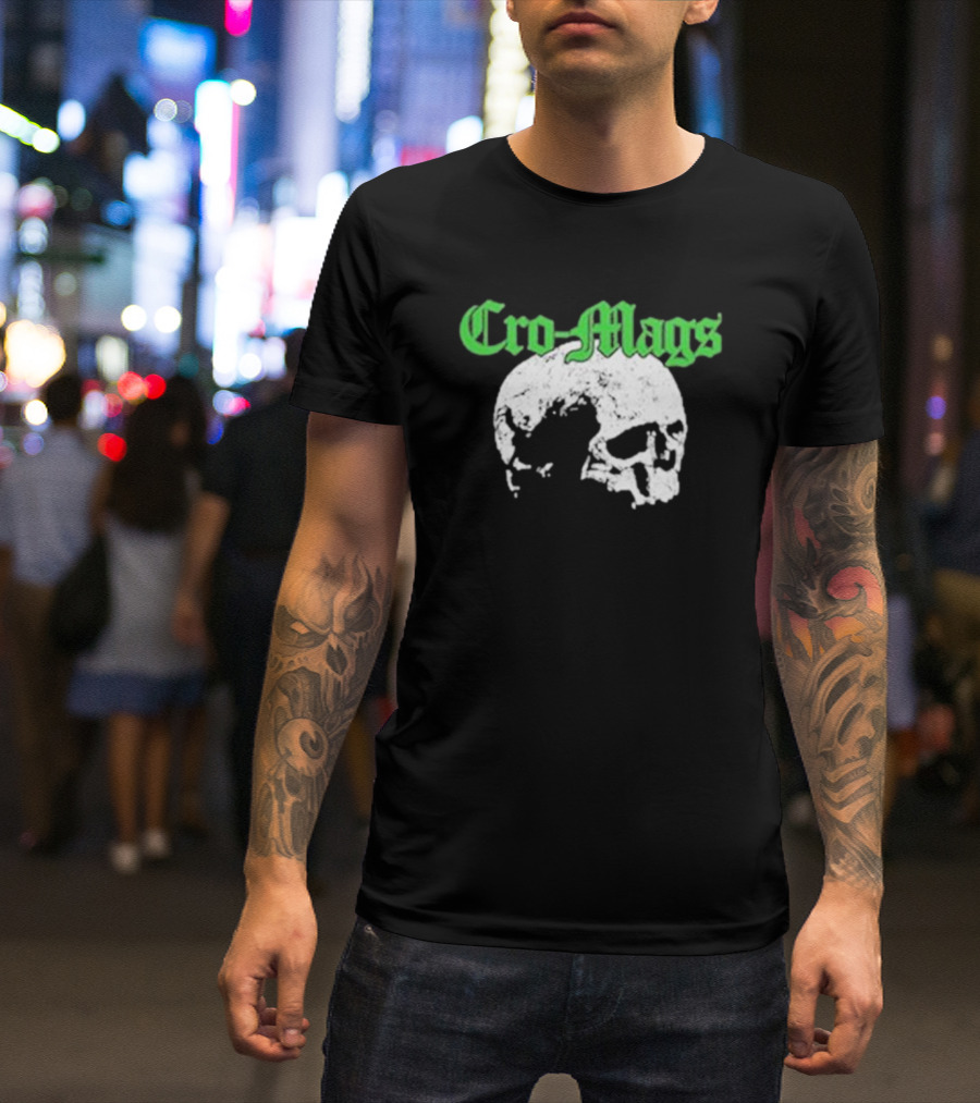 Cro Mags Green Text White Skull T-Shirt