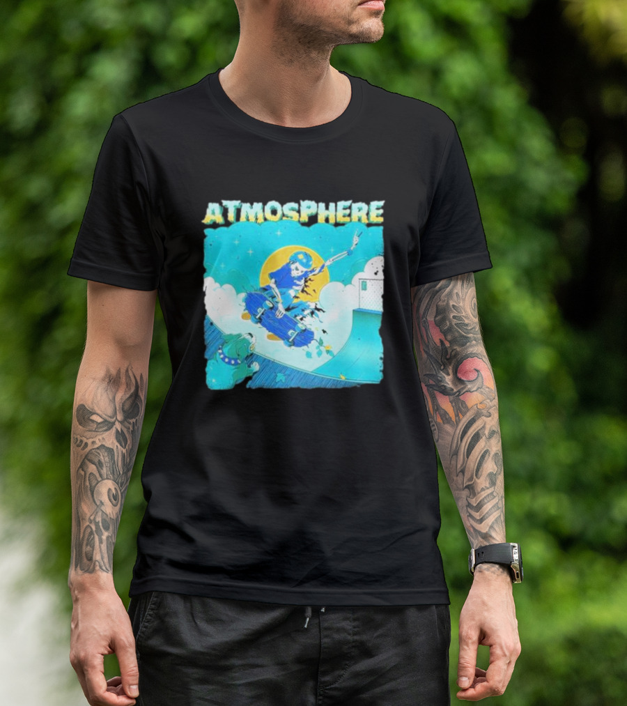 ATMOSPHERE Skateboarding Skeleton Dog Ramp Peace Sign T-Shirt