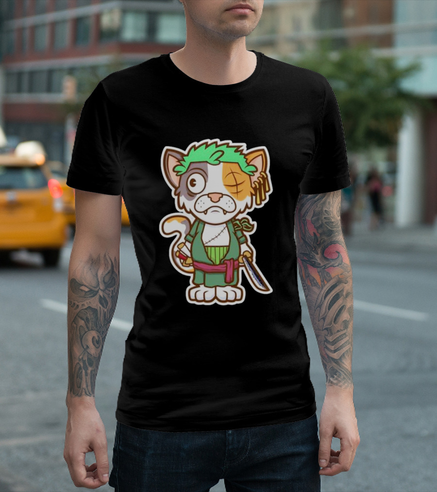 Roronoa Lingling Cat Pirate Anime Character Sword Green Hair Eye Patch T-Shirt