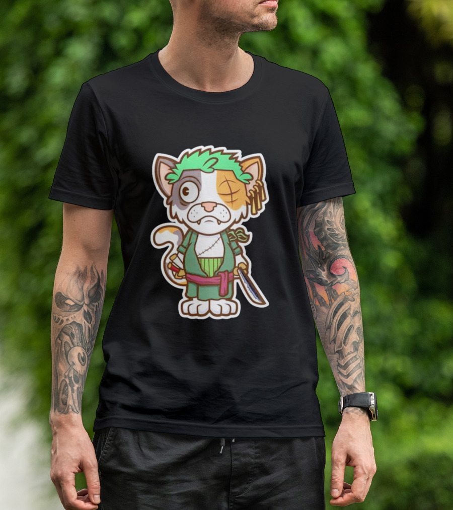 Roronoa Lingling Cat Pirate Anime Character Sword Green Hair Eye Patch T-Shirt