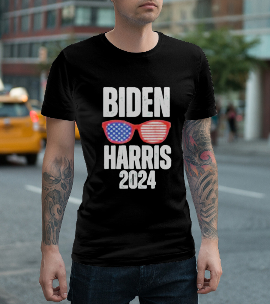 Biden Harris 2024 Red White and Blue Sunglasses T-Shirt