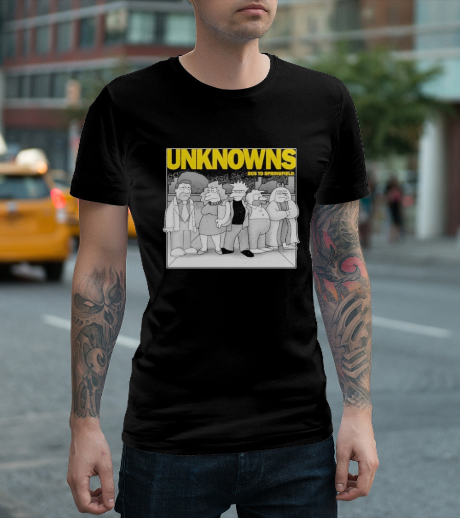 Unknowns Bus to Springfield Cartoon Characters in Black and White Scene T-Shirt