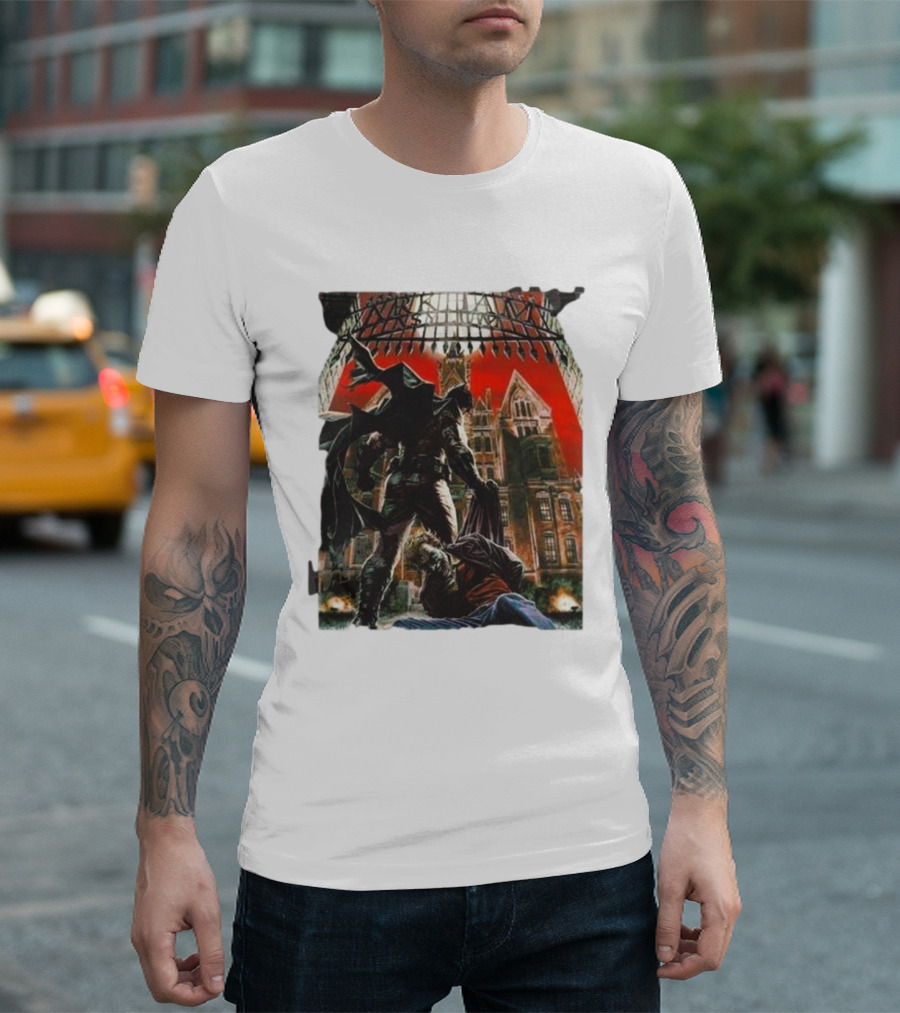 Batman Arkham Asylum Gothic Gate Dynamic Red Background Scene T-Shirt