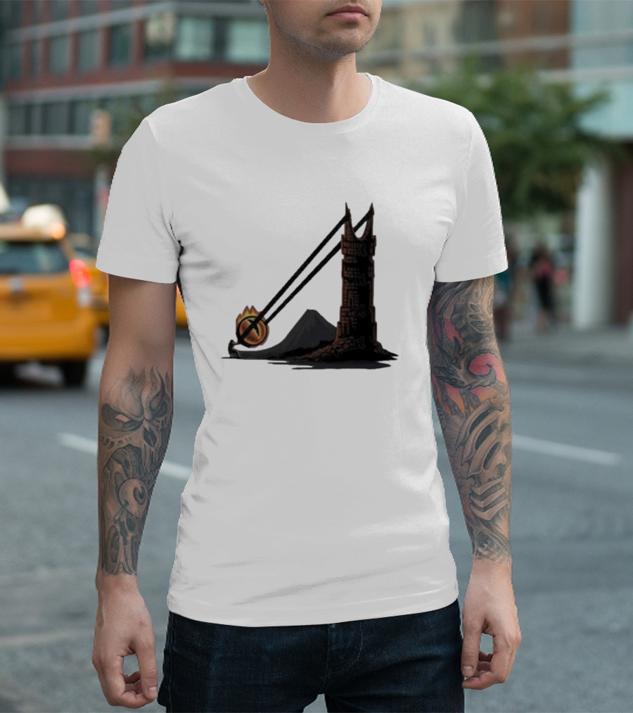 Dark Slingshot Eye Tower with Mountain in Background T-Shirt
