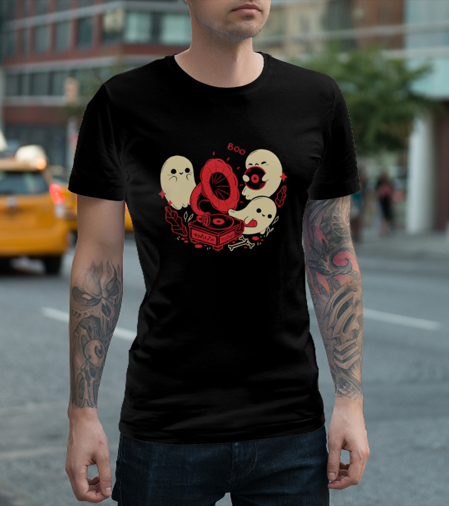 Boo Cute Gramophone Record Spooky Ghosts T-Shirt