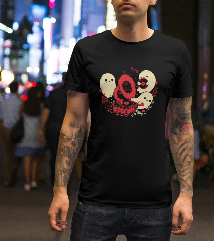 Boo Cute Gramophone Record Spooky Ghosts T-Shirt