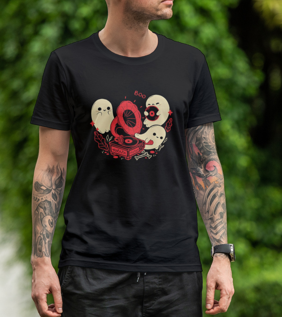 Boo Cute Gramophone Record Spooky Ghosts T-Shirt
