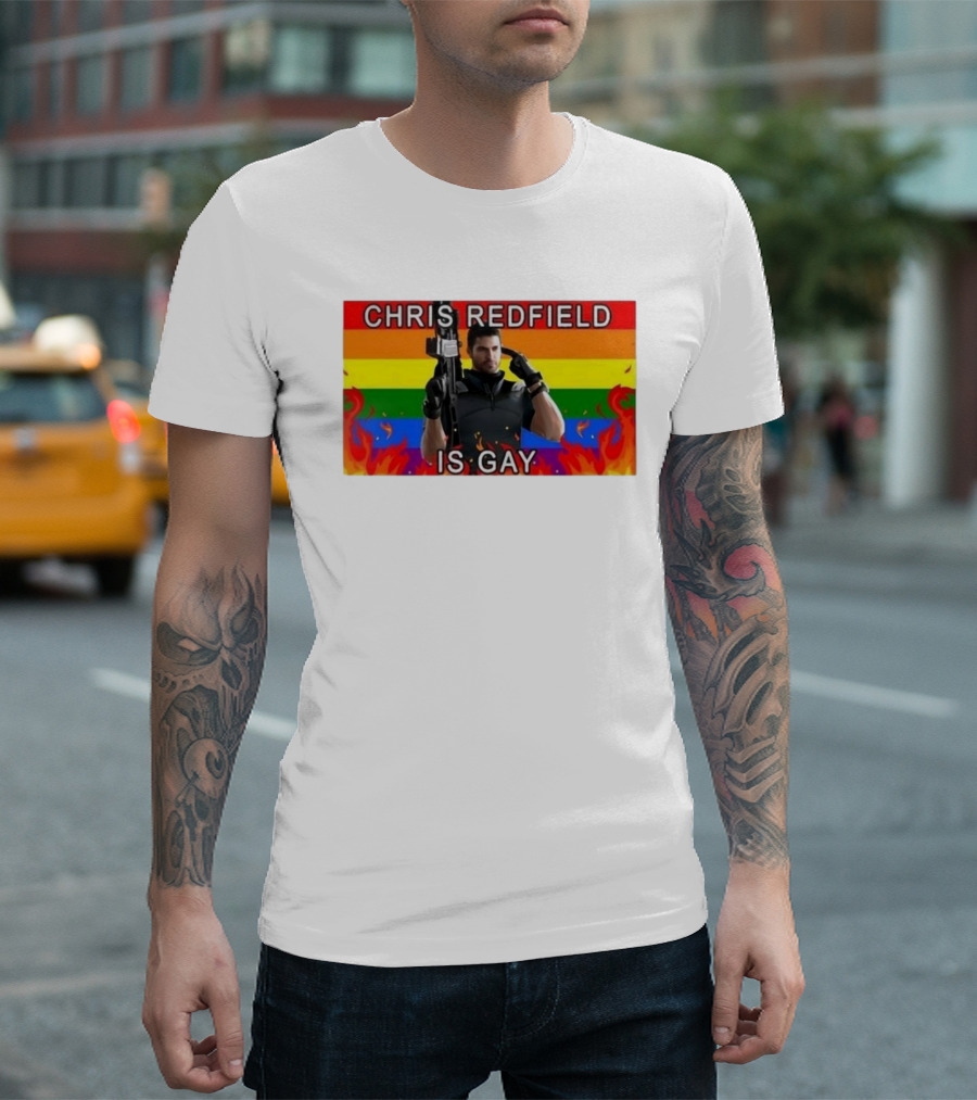 Chris Redfield Is Gay Rainbow Background Flames T-Shirt