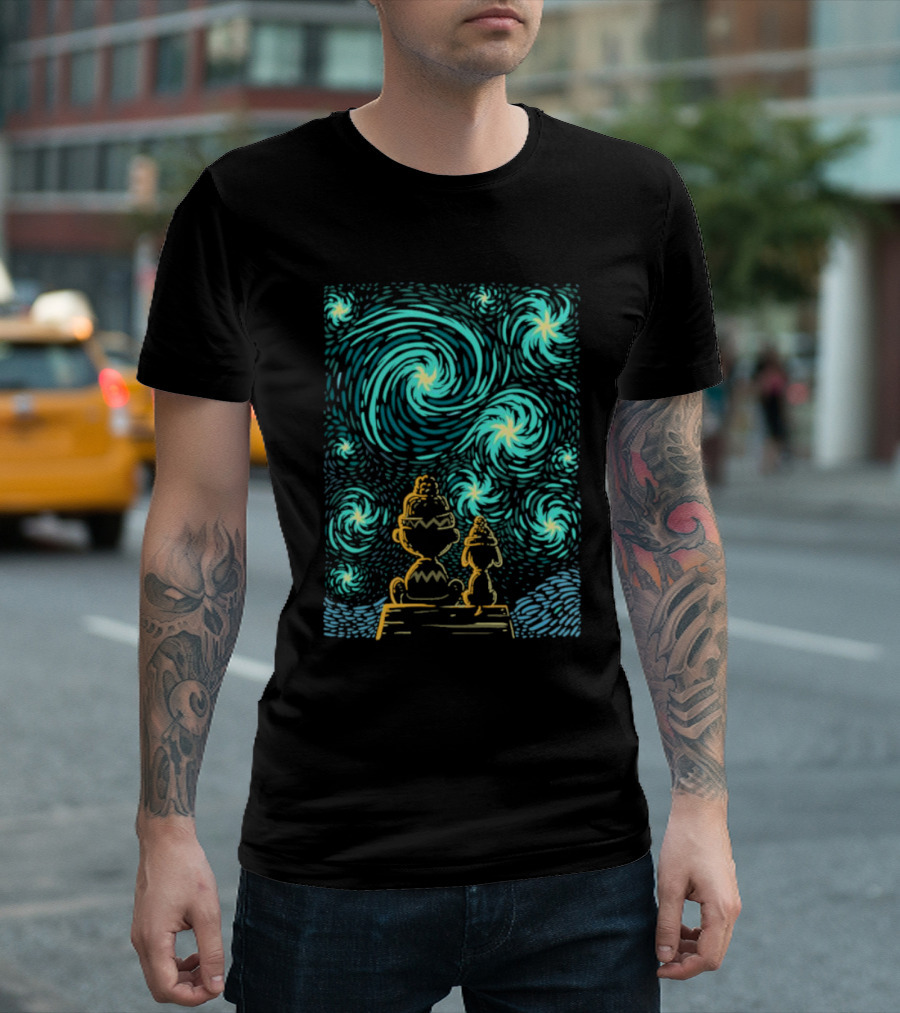 Peanuts Snoopy And Charlie Brown Starry Winter Night Scene T-Shirt