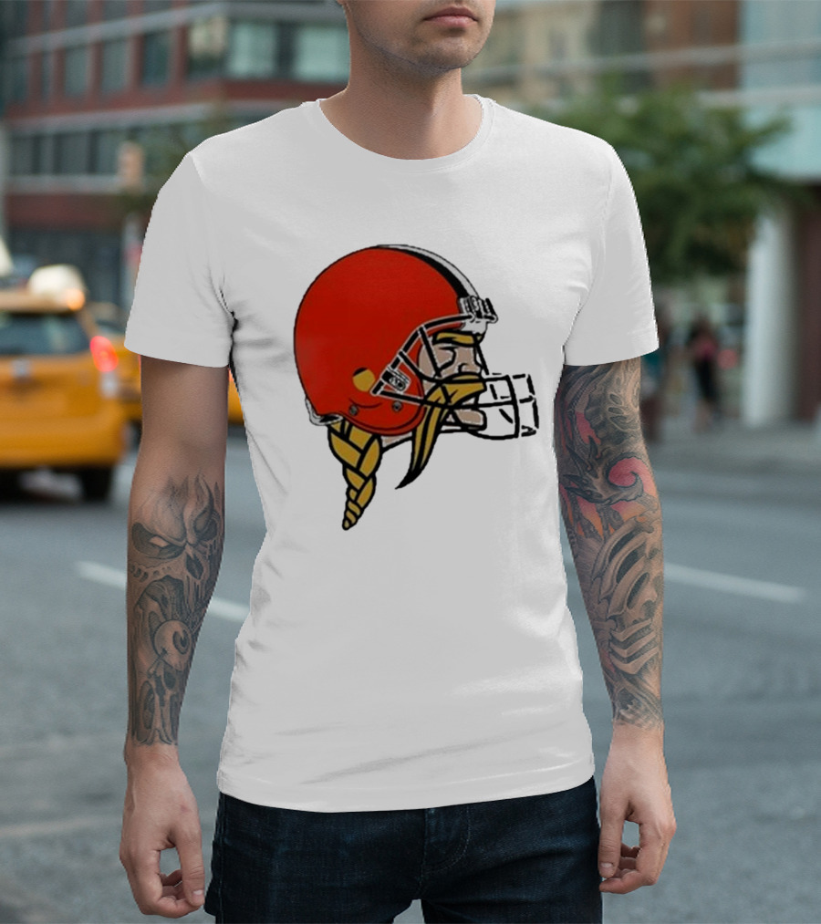 Quality Jay Cuda Browns Vikings Dual Logo Helmet T-Shirt