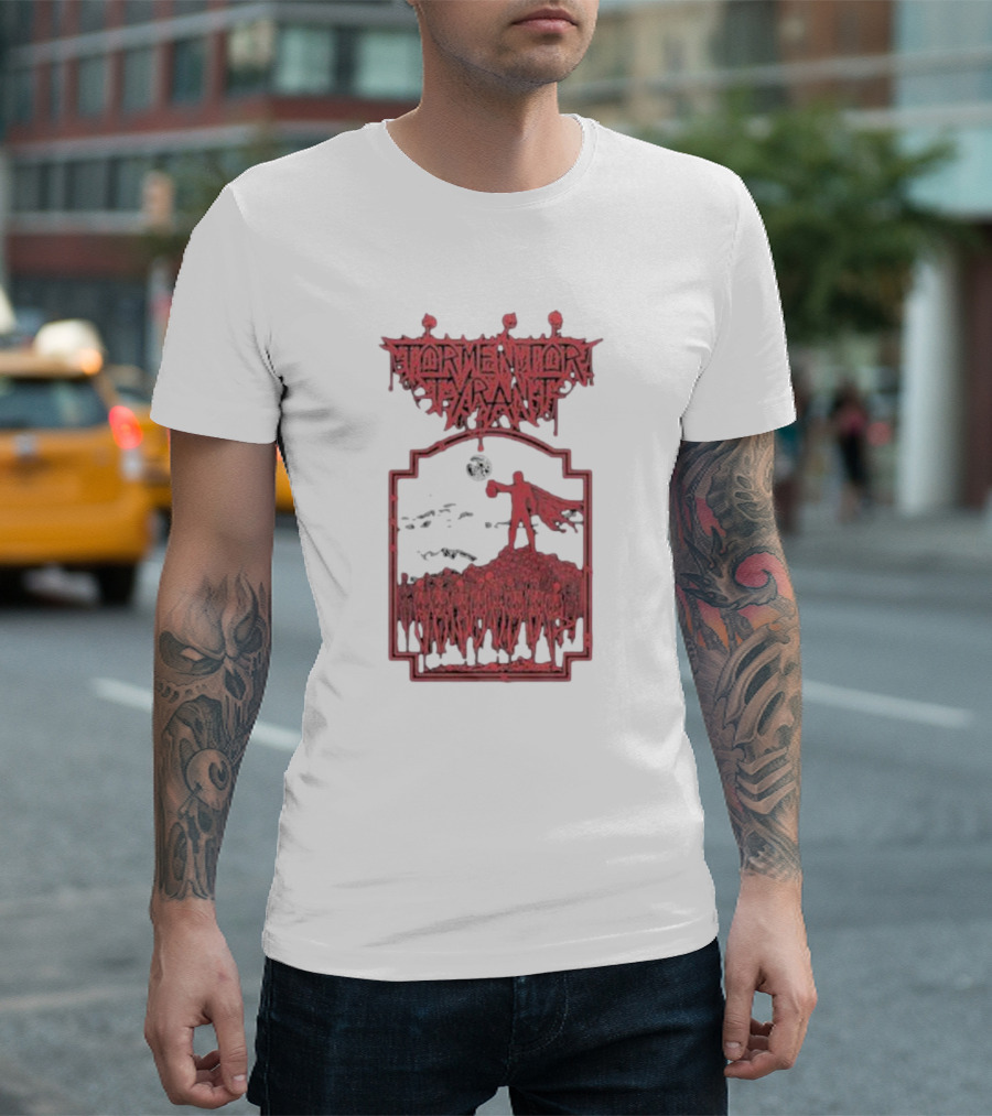 Tormentor Tyrant Red Figure Standing Amidst Crowd Under Moon T-Shirt